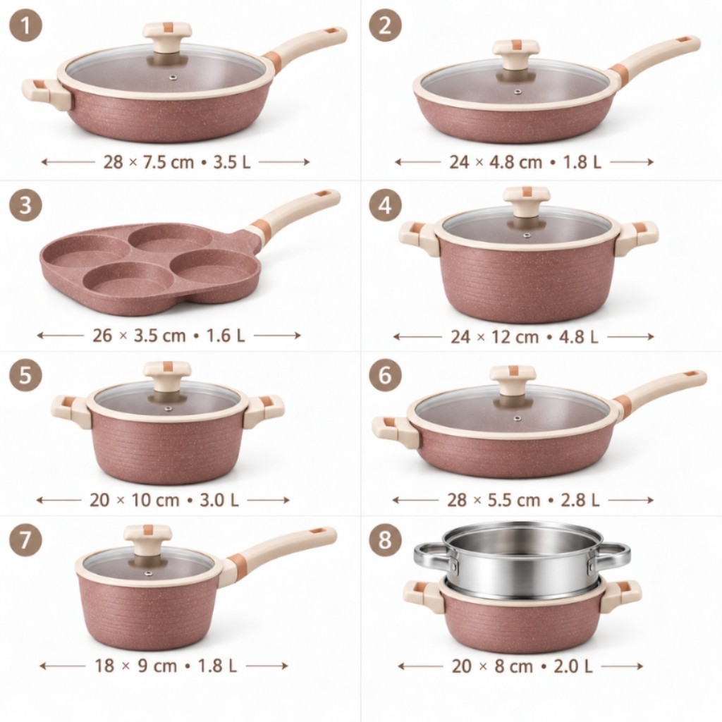 Set completo Korella™ — 8 ollas y sartenes con medidas