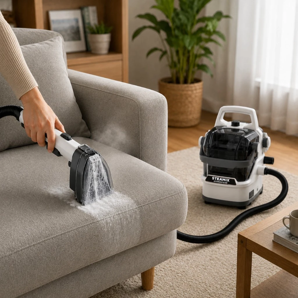 Steamix Hydrosteam naparuje opierku látkovej pohovky